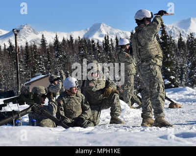 Paracadutisti assegnato cane Company, 3° Battaglione, 509a paracadute Reggimento di Fanteria, quarta brigata di fanteria combattere Team (airborne), XXV divisione di fanteria, U.S. Esercito Alaska, guarda i compagni soldati qualificarsi con M240B mitragliatrici e Mark 19 40mm granata mitragliatrici sulla gamma Grezelka a base comune Elmendorf-Richardson, Alaska, Feb 28, 2017. Stati Uniti Esercito Alaska è la casa dell'esercito pacifico solo airborne brigade combat team e mantiene il solo airborne rapida capacità di risposta entro il Pacifico Comando. (U.S. Air Force foto/Justin Connaher) Foto Stock