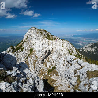 Donna free climbing su una via ferrata nelle montagne rocciose Foto Stock