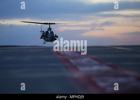 Un AH-1W Super Cobra terre per condurre il freddo operazioni a bordo di Fort Drum, N.Y., 8 marzo 2017. La formazione che ha iniziato il 8 marzo, comporta Marines con Marine Attacco leggero elicottero Squadron 269, Marine Aircraft Group 29, 2 aeromobili Marina Wing, insieme a varie altre unità attraverso il Dipartimento della Difesa. Le lezioni apprese in questo corso di formazione servirà come guida che può essere applicata alle operazioni di tutto il mondo e fare HMLA-269 una più preziosa risorsa per il combattimento aereo elemento del Marine Corps. (U.S. Marine Corps foto di Cpl. Mackenzie Gibson/rilasciato) Foto Stock