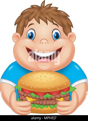 Cartoon fat boy mangiare hamburger di grandi dimensioni Illustrazione Vettoriale