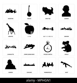 Set di 16 semplici icone modificabile come ak47, Minneapolis, Chicago, Gandhi, koala, Houston, giraffe, Charlotte, Carolina del sud può essere utilizzato per il mobile, Illustrazione Vettoriale