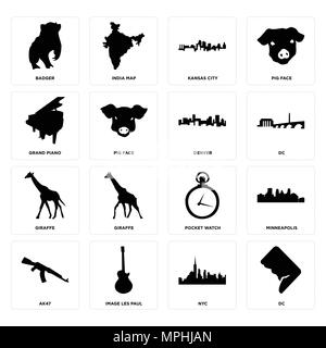 Set di 16 semplici icone modificabili quali dc, NYC, immagine les Paul, ak47, Minneapolis, badger, pianoforte, giraffe, denver può essere utilizzato per il mobile, web U Illustrazione Vettoriale