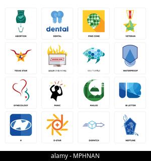 Set di 16 semplici icone modificabile come Nettuno, spedizione, d-star, h, lettera ib, aborto, texas star, ginecologia, tartarughe di mare può essere usato per il mobile, Illustrazione Vettoriale