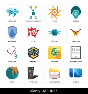 Set di 16 semplici icone modificabile come ib lettera, ultime notizie, il telecomando della tv, SWIFT, dettagli personali, tartarughe marine, impermeabile, ginecologia, semi carrello c Illustrazione Vettoriale