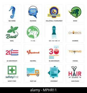 Set di 16 semplici icone modificabile come capelli studio, dichiarazione post auto, la sicurezza prima di tutto, il traino, Sea Horse, basilico, 20 anniversario, ragazze bagno can b Illustrazione Vettoriale