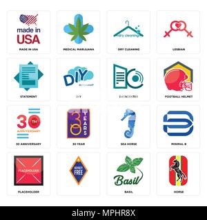 Set di 16 semplici icone modificabile come cavallo, basilico, , segnaposto, minimo b, made in USA, Dichiarazione 30 anniversario, il data center può essere utilizzato per mob Illustrazione Vettoriale