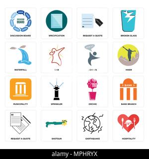 Set di 16 semplici icone modificabile come ospitalità, terremoto, fucile, richiedi un preventivo, filiale di banca, forum di discussione, cascata, comune, joi Illustrazione Vettoriale