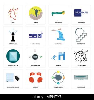 Set di 16 semplici icone modificabili quali tamponi, agente di viaggio, inchiesta, richiedi un preventivo, terremoto, dab, sprinkler, specifica, la cascata può essere Illustrazione Vettoriale