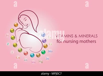 Illustrazione di vitamine e sostanze minerali per le madri che allattano Illustrazione Vettoriale