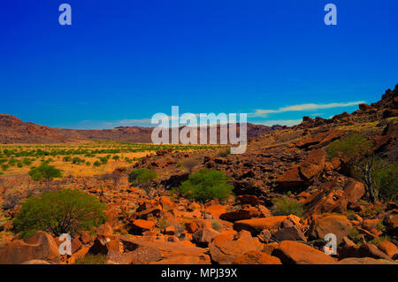 Vista panoramica di Twyfelfontein sito archeologico in Namibia Foto Stock