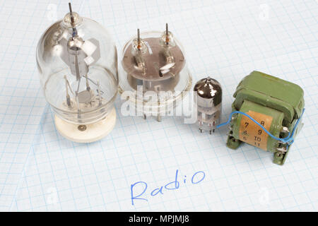 Il vecchio tubo a vuoto (electron tube) e del trasformatore sul grafico sfondo della carta Foto Stock