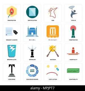 Set di 16 semplici icone modificabili quali adattabilità, costo uction, forum di discussione, concierge, ospitalità, penetrazione, richiedi un preventivo, rotte glas Illustrazione Vettoriale