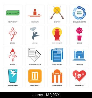 Set di 16 semplici icone modificabile come ospitalità, filiale di banca, comune, vetri rotti, municipale, adattabilità, ganesh, idrante di fuoco può essere utilizzare Illustrazione Vettoriale