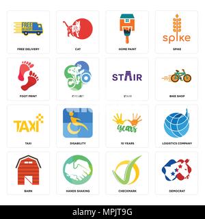 Set di 16 semplici icone modificabile come democratici, segno di spunta, mani scuotimento, granaio, la società di logistica, consegna gratuita foot print, taxi, gradino può essere utilizzare Illustrazione Vettoriale