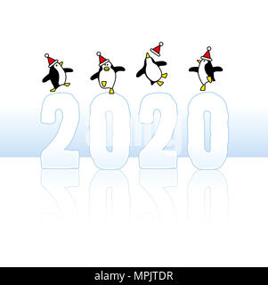 Quattro Felice Festa indossando dei pinguini di Santa Claus cappelli ballare sulla sommità di congelati 2020 con riflessioni su ghiaccio Foto Stock