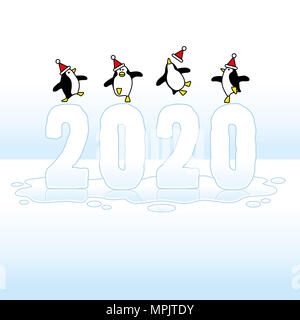 Quattro Felice Festa indossando dei pinguini di Santa Claus cappelli Dancing al di sopra del punto di fusione congelati 2020 sulla pozza bagnata contro un orizzonte blu Foto Stock