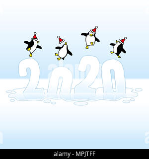 Quattro Felice Festa indossando dei pinguini di Santa Claus cappelli Dancing al di sopra del punto di fusione congelati 2020 sprofondando in una pozza ghiacciata Foto Stock