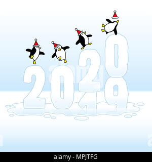 Quattro Felice Festa indossando dei pinguini di Santa Claus cappelli ballare sulla parte superiore del cambio congelato anno 2019-2020 fatto di ghiaccio nel naufragio di Pozza Foto Stock