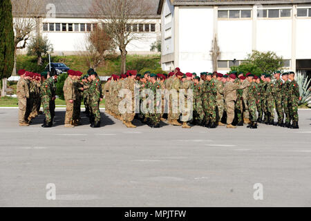 Durante l'esercitazione Real Thaw 17 a Tomar, in Portogallo, il 16 marzo 2017, i paracadutisti dell'esercito statunitense del 1st Squadron, del 91st Cavalry Regiment, della 173rd Airborne Brigade e della 1st Airborne Brigade portoghese partecipano ad una cerimonia di scambio dell'ala. L'evento enfatizza le capacità aerotrasportate congiunte, il coordinamento tattico, l'interoperabilità e gli standard di addestramento condivisi per rafforzare la collaborazione tra le forze aviotrasportate statunitensi e portoghesi in esercitazioni combinate su larga scala. Foto Stock