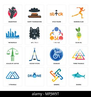 Set di 16 semplici icone modificabile come gli squali, generico , 3 triangolo, tre equestre, metropoli, bilancia della giustizia, le persone possono essere utilizzati per la telefonia mobile, Illustrazione Vettoriale
