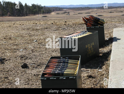 Le munizioni si siede sul terreno gamma di qualificazione prima di essere caricate su un M2 0,50 Caliber machine gun per la qualifica di massa durante il funzionamento freddo Acciaio a Fort McCoy, Wis., Marzo 19, 2017. Funzionamento a freddo è di acciaio negli Stati Uniti La riserva di esercito di equipaggio è servita la qualifica di armi ed esercizio di convalida per garantire che l'America dell'esercito di unità di riserva e soldati sono addestrati e pronto per la distribuzione con breve preavviso e portare la lotta contro-ready e letale di armi da fuoco a sostegno dell'esercito e ai nostri partner in tutto il mondo. (U.S. La riserva di esercito di foto dal personale Sgt. Debralee migliori, 84A Comando di formazione) Foto Stock