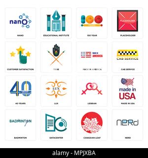 Set di 16 semplici icone modificabile come nerd, canadese di foglia, datacenter, badminton, made in USA, nano, soddisfazione del cliente, 40 anni, America può essere Illustrazione Vettoriale