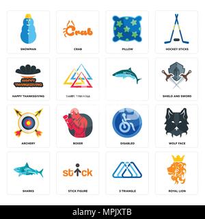 Set di 16 semplici icone modificabile come royal lion, 3 triangolo, stick figura, squali, faccia Wolf, snowman, felice ringraziamento, tiro con l'arco, può essere utilizzata per Illustrazione Vettoriale