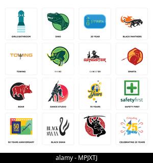 Set di 16 semplici icone modificabili come ad esempio celebra 25 anni , Black Swan, 50 anni di anniversario, la sicurezza prima di tutto le ragazze bagno, traino, il cinghiale, il gangster Illustrazione Vettoriale