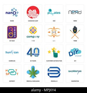 Set di 16 semplici icone modificabile come badminton, minima b, la marijuana medica, hotspot diy, nano, 30 anno, hurrican, lux può essere utilizzato per il mobile, abbiamo Illustrazione Vettoriale