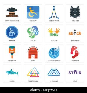 Set di 16 semplici icone modificabile come scale, 3 triangolo, tre squali, foot print, felice ringraziamento, disabili, home vernice, 10 anni può essere usato fo Illustrazione Vettoriale