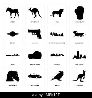 Set di 16 semplici icone modificabile come kangaroo, raven auto della polizia, cavallo faccia, new jersey, zebra, Saturno, Cuba, North Carolina State può essere utilizzata per Illustrazione Vettoriale