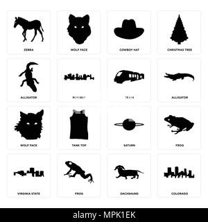 Set di 16 semplici icone modificabile come colorado, bassotto, rana, Stato di Virginia, zebra, alligatore, lupo faccia, treno può essere utilizzato per il mobile, l'interfaccia utente web Illustrazione Vettoriale