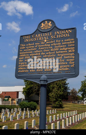 Carlisle, PA, Stati Uniti d'America - 26 Giugno 2016: Il marcatore storico presso il recinto dei nativi americani che hanno frequentato il Carlisle Indian Industrial School. Foto Stock