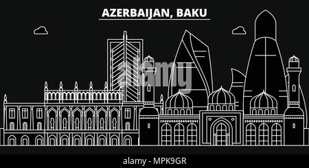 Baku silhouette skyline. Azerbaigian - vettore di Baku city, azerbaigiana architettura lineare, edifici. Baku travel illustrazione, delineare i punti di riferimento. Azerbaigian icona piana, azerbaigiano banner di linea Illustrazione Vettoriale