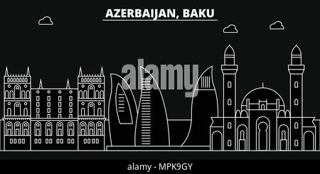 Baku silhouette skyline. Azerbaigian - vettore di Baku city, azerbaigiana architettura lineare, edifici. Linea di Baku travel illustrazione, punti di riferimento. Azerbaigian icona piana, azerbaigiana schema di progettazione banner Illustrazione Vettoriale
