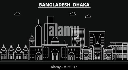 Dacca silhouette skyline. Bangladesh - Dhaka città di vettore, lineare del Bangladesh di architettura, edifici. Linea di Dhaka illustrazione di viaggio, punti di riferimento. Bangladesh icona piana, il contorno del Bangladesh banner Illustrazione Vettoriale