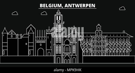 Antwerpen silhouette skyline. Belgio - Antwerpen vettore, città belga di architettura lineare, edifici. Antwerpen travel illustrazione, delineare i punti di riferimento. Belgio icona piana, linea belga banner Illustrazione Vettoriale