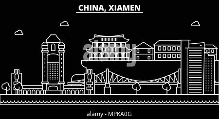 Xiamen silhouette skyline. Cina - Xiamen città di vettore, cinese architettura lineare, edifici. Xiamen illustrazione di viaggio, delineare i punti di riferimento. Cina icona piana, linea cinese banner Illustrazione Vettoriale