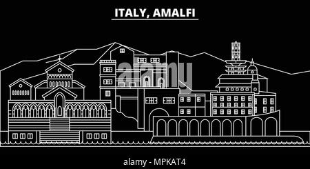 Amalfi silhouette skyline. Italia - Amalfi città di vettore, italiano architettura lineare, edifici. Amalfi travel illustrazione, delineare i punti di riferimento. Italia icona piana, linea italiana banner Illustrazione Vettoriale
