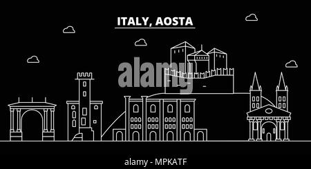 Aosta silhouette skyline. Italia - Aosta città di vettore, italiano architettura lineare, edifici. Aosta travel illustrazione, delineare i punti di riferimento. Italia icona piana, linea italiana banner Illustrazione Vettoriale