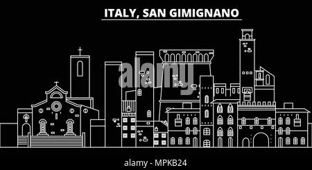 San Gimignano silhouette skyline. Italia - San Gimignano città di vettore, italiano architettura lineare, edifici. San Gimignano travel illustrazione, delineare i punti di riferimento. Italia icona piana, linea italiana banner Illustrazione Vettoriale