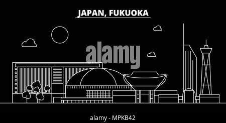 Silhouette di Fukuoka skyline. Giappone - vettore di Fukuoka city, giapponese architettura lineare, edifici. Fukuoka illustrazione di viaggio, delineare i punti di riferimento. Giappone icona piana, giapponese banner di linea Illustrazione Vettoriale