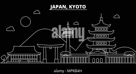 Silhouette di Kyoto skyline. Giappone - vettore di kyoto city, giapponese architettura lineare, edifici. Viaggi di Kyoto illustrazione, delineare i punti di riferimento. Giappone icona piana, giapponese banner di linea Illustrazione Vettoriale