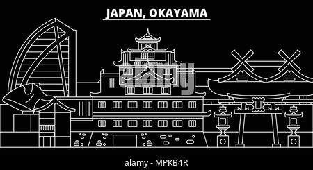 Silhouette di Okayama skyline. Giappone - Okayama città di vettore, giapponese architettura lineare, edifici. Okayama travel illustrazione, delineare i punti di riferimento. Giappone icona piana, giapponese banner di linea Illustrazione Vettoriale