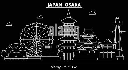 Silhouette di Osaka skyline. Giappone - vettore di osaka city, giapponese architettura lineare, edifici. Osaka travel illustrazione, delineare i punti di riferimento. Giappone icona piana, giapponese banner di linea Illustrazione Vettoriale