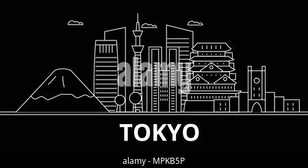 Silhouette di Tokyo skyline. Giappone - Tokyo città di vettore, giapponese architettura lineare, edifici. Tokyo travel illustrazione, delineare i punti di riferimento. Giappone icona piana, giapponese banner di linea Illustrazione Vettoriale