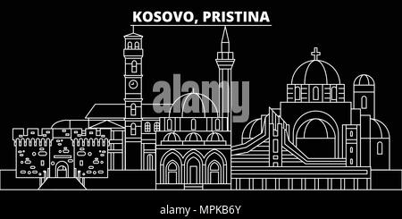 Pristina silhouette skyline. Kosovo - Pristina città di vettore, kosovare architettura lineare, edifici. Pristina travel illustrazione, delineare i punti di riferimento. Il Kosovo icona piana, kosovare banner di linea Illustrazione Vettoriale