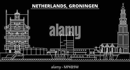 Groningen silhouette skyline. Paesi Bassi - Groningen città di vettore, olandese architettura lineare, edifici. Groningen travel illustrazione, delineare i punti di riferimento. Paesi Bassi icona piana, linea olandese banner Illustrazione Vettoriale