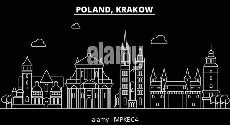 Cracovia silhouette skyline. Polonia - Cracovia città di vettore, polacco architettura lineare, edifici. Viaggi Cracovia illustrazione, delineare i punti di riferimento. Polonia icona piana, polacco banner di linea Illustrazione Vettoriale