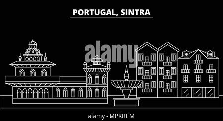 Sintra silhouette skyline. Portogallo - Sintra città di vettore, portoghese architettura lineare, edifici. Sintra travel illustrazione, delineare i punti di riferimento. Il Portogallo icona piana, portoghese banner di linea Illustrazione Vettoriale